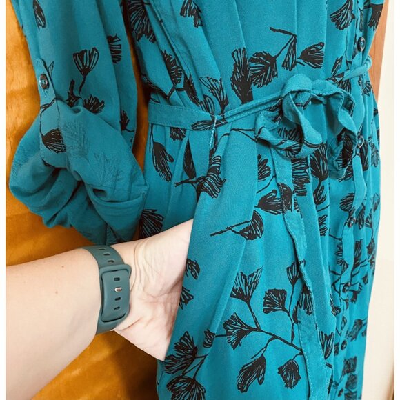 Ava & Viv Button Front Shirt Dress Women's Plus Size X Teal Black Floral Rayon - Picture 5 of 13